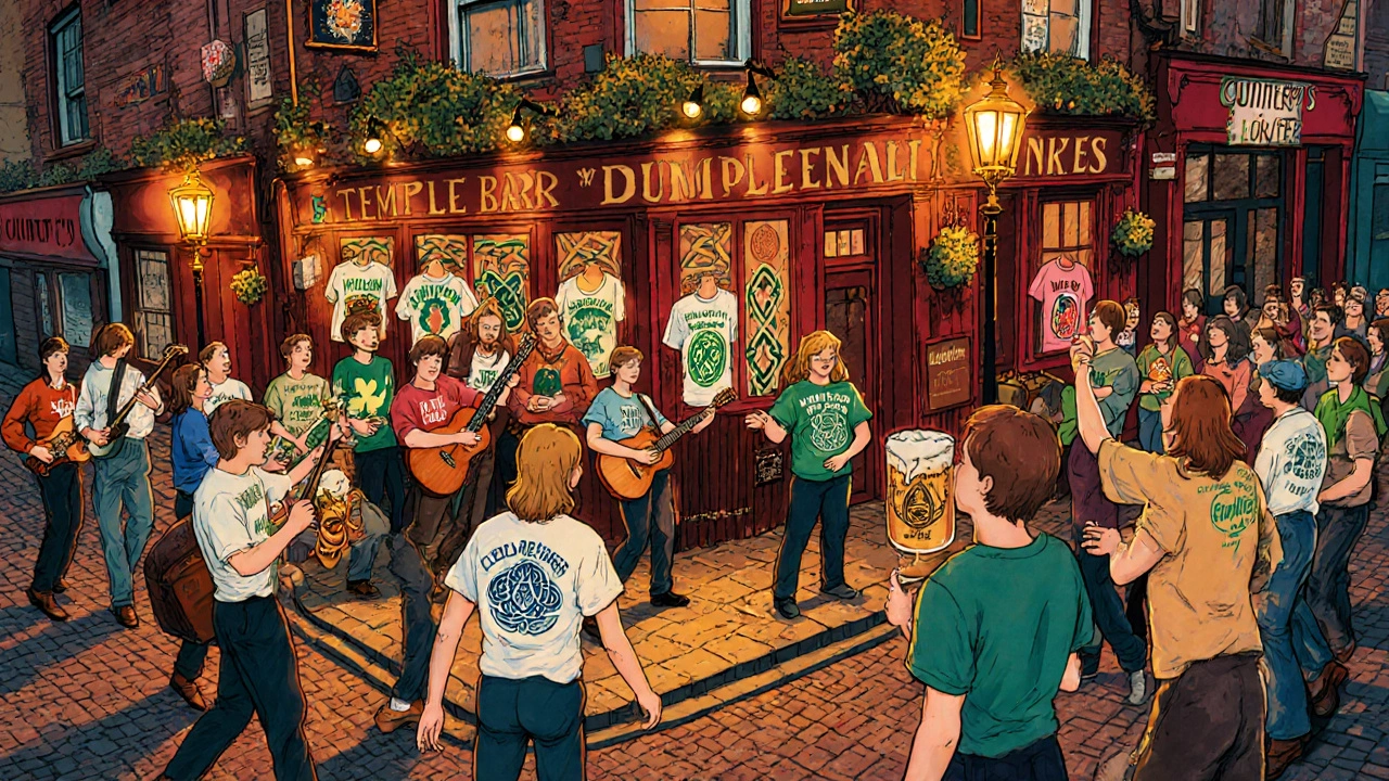1960s Dublin musicians in Temple Bar performing while wearing printed T‑shirts with Celtic designs.