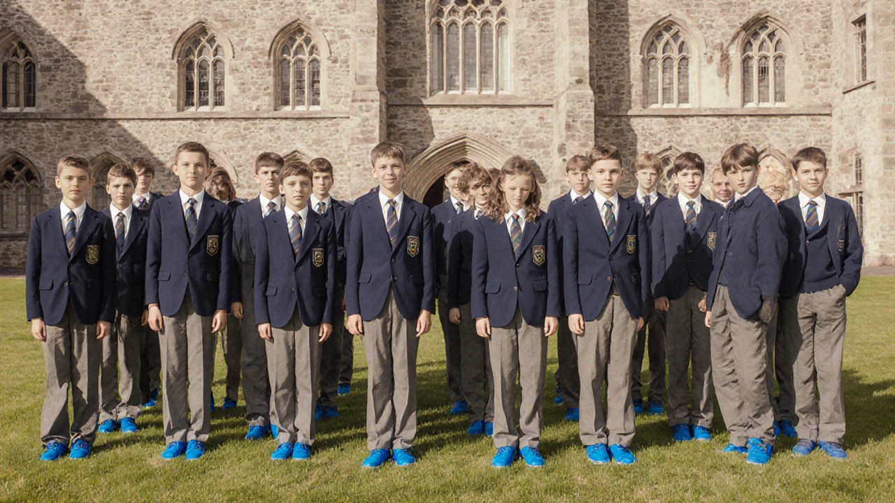 1960s schoolchildren in uniforms wearing bright‑blue plimsolls at Maynooth.