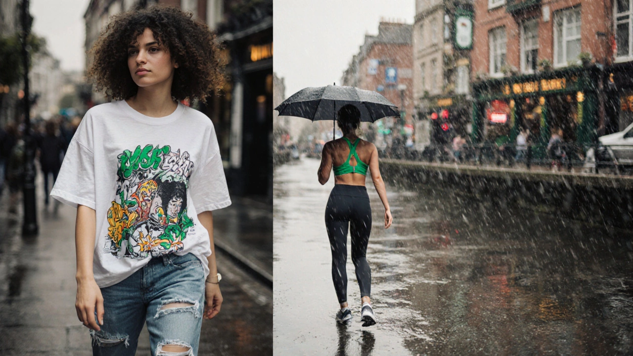 A person blending streetwear and sportswear under an umbrella in Dublin.