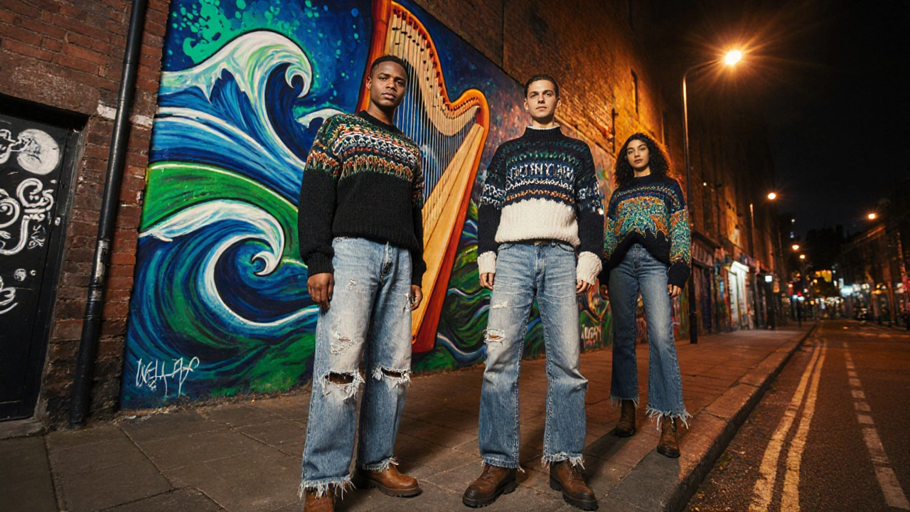 Belfast street mural showing diverse youths in vintage denim and wool.