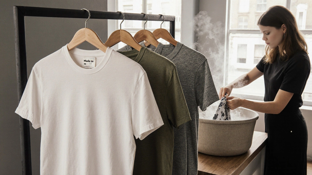 Boutique display of Irish‑made T‑shirts of various fabrics with a woman hand‑washing a printed tee.