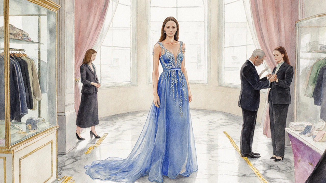 Bright Dublin boutique interior with model in a silk organza gown, tailor adjusting dress, shoppers watching.