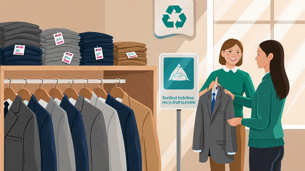 Charity shop scene with volunteers receiving donated suits and a sign for textile recycling.