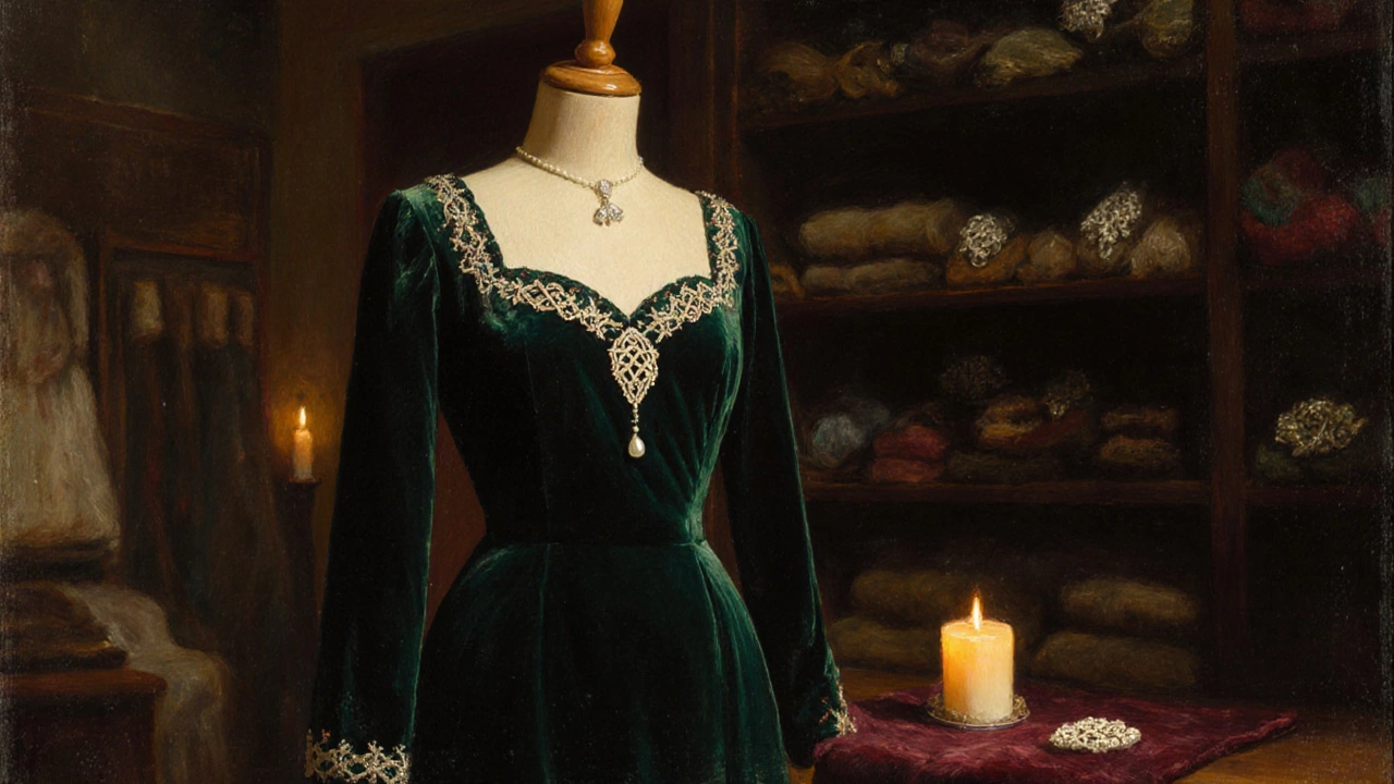 Close-up of a velvet Irish evening dress with Celtic beadwork, displayed in a cozy Dublin boutique with candlelight.