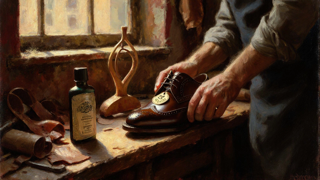 Cobblers workshop with a leather shoe, polishing tools, and an embossed leather shoe icon.