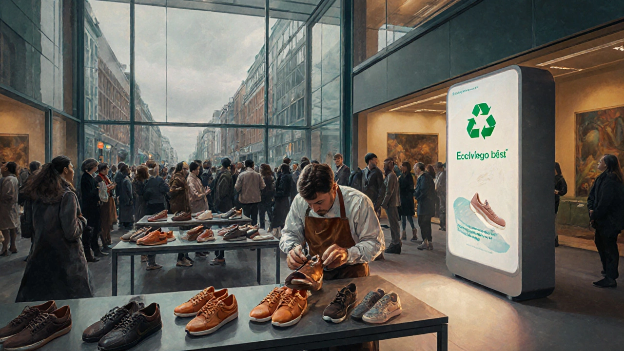 Eco‑sneaker swap event in Dublin with shoe repair, recycling kiosk, and crowd.