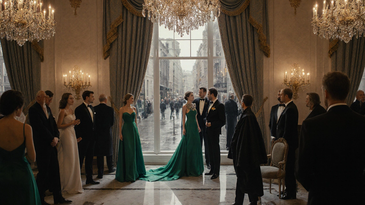Elegant gala in Shelbourne Hotel ballroom with guests in gowns and tuxedos.