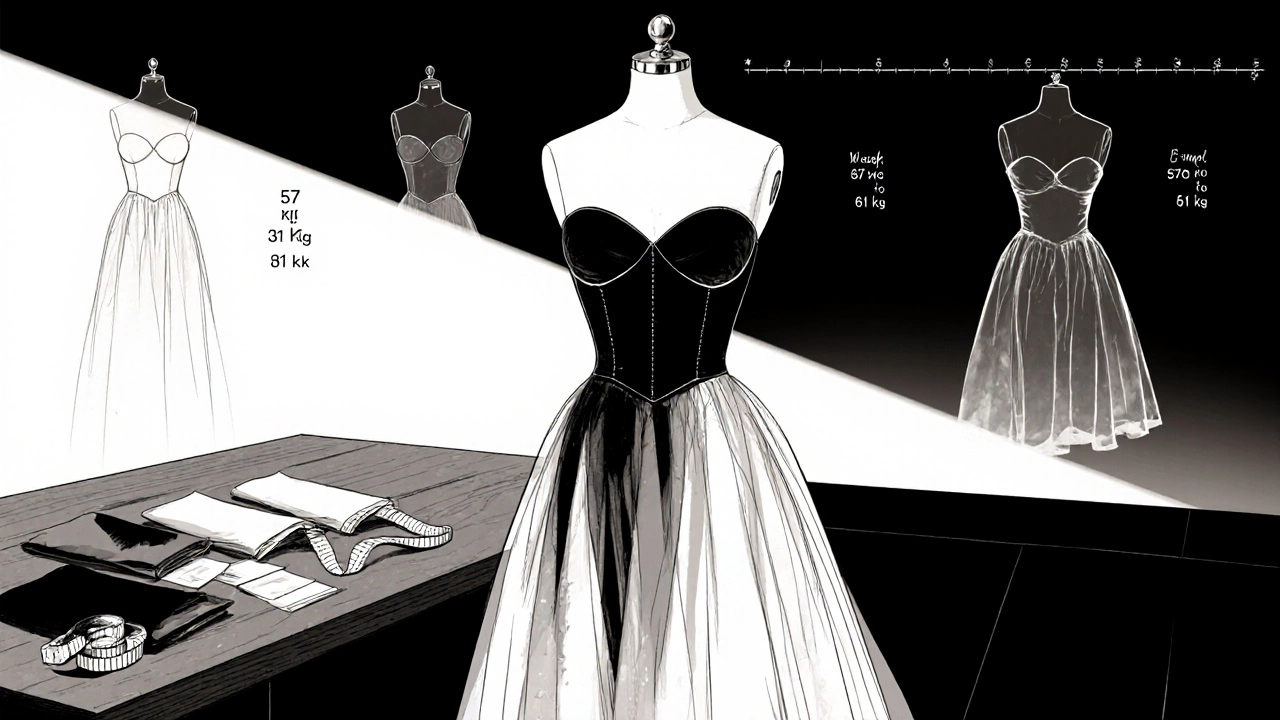 Fashion studio with mannequin in a fitted bodice and organza skirt, tailoring tools and fabric swatches, sketchy background.
