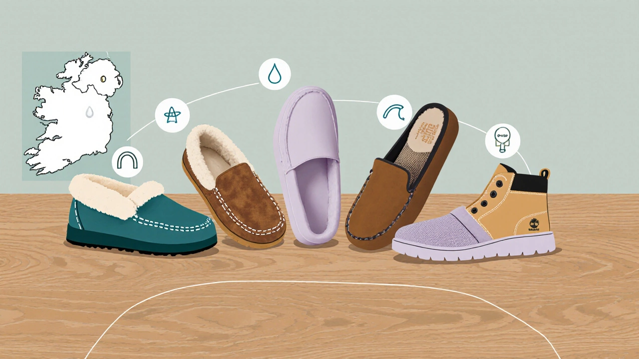 Flat‑lay of five top slipper brands with price tags and material icons on a wooden floor.