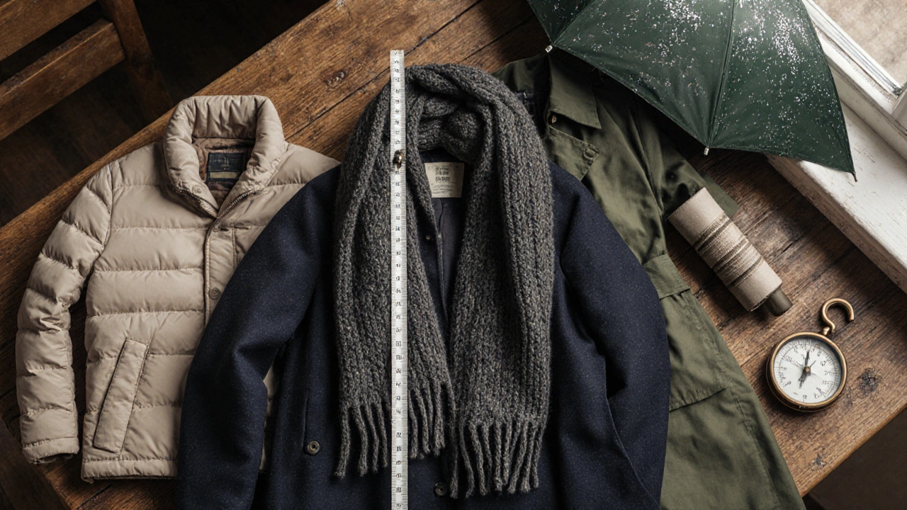 Flat‑lay of layered jackets, Aran scarf, trench coat, umbrella, tape and wind gauge on wooden table.