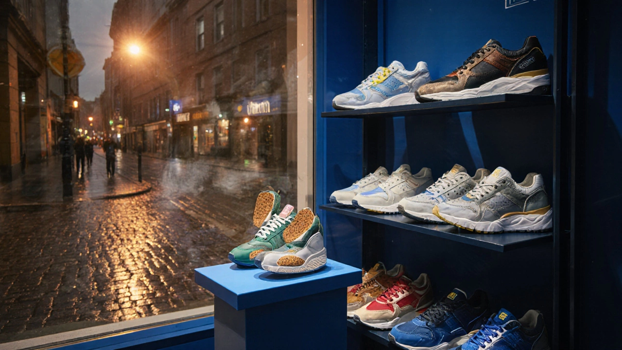 Foot Locker interior with highlighted waterproof trainers and rainy street view.