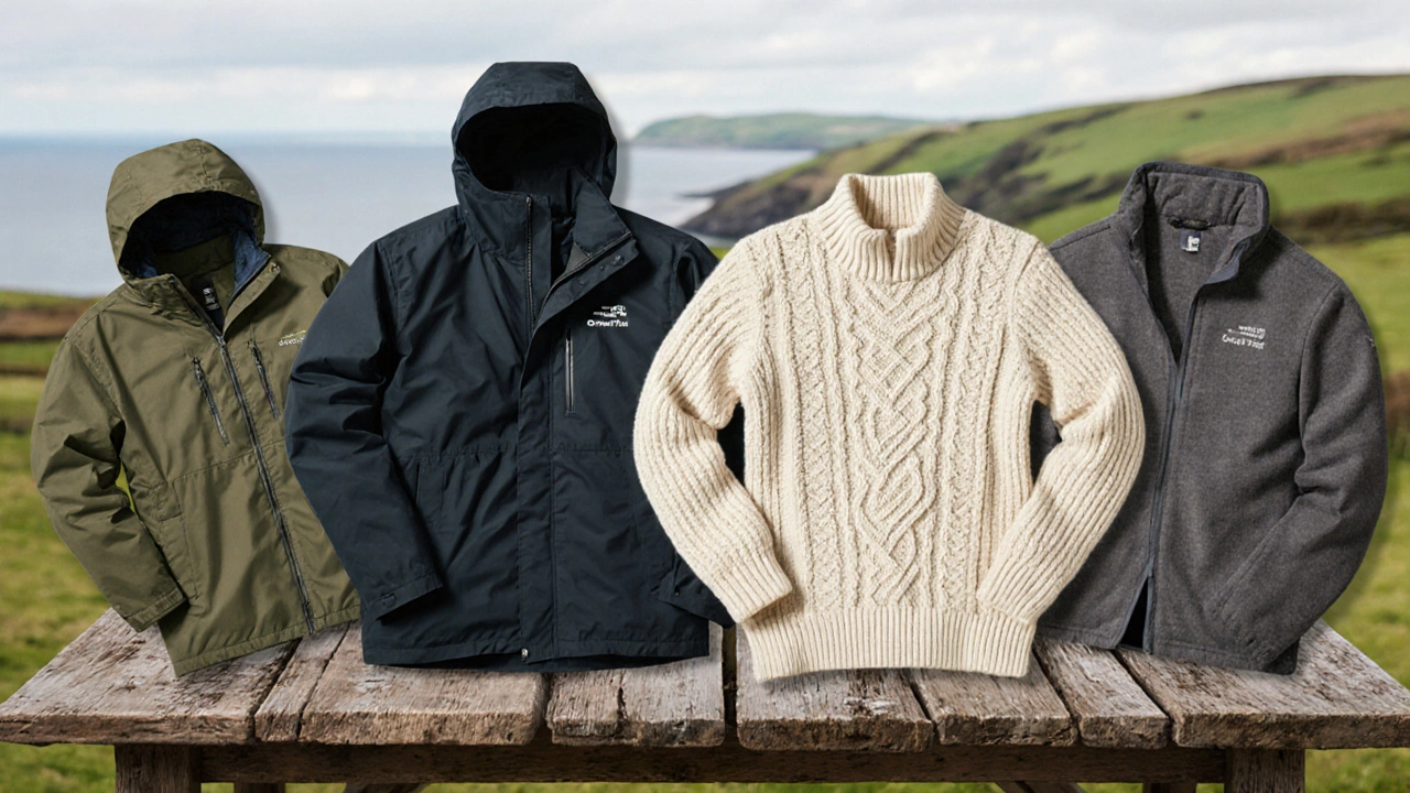 Four Irish jackets laid out on a wooden table with a blurred landscape backdrop.