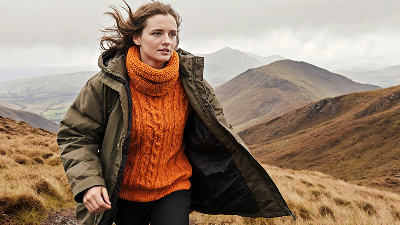 Hiker in loose parka over Aran sweater walking through windy Wicklow Mountains.