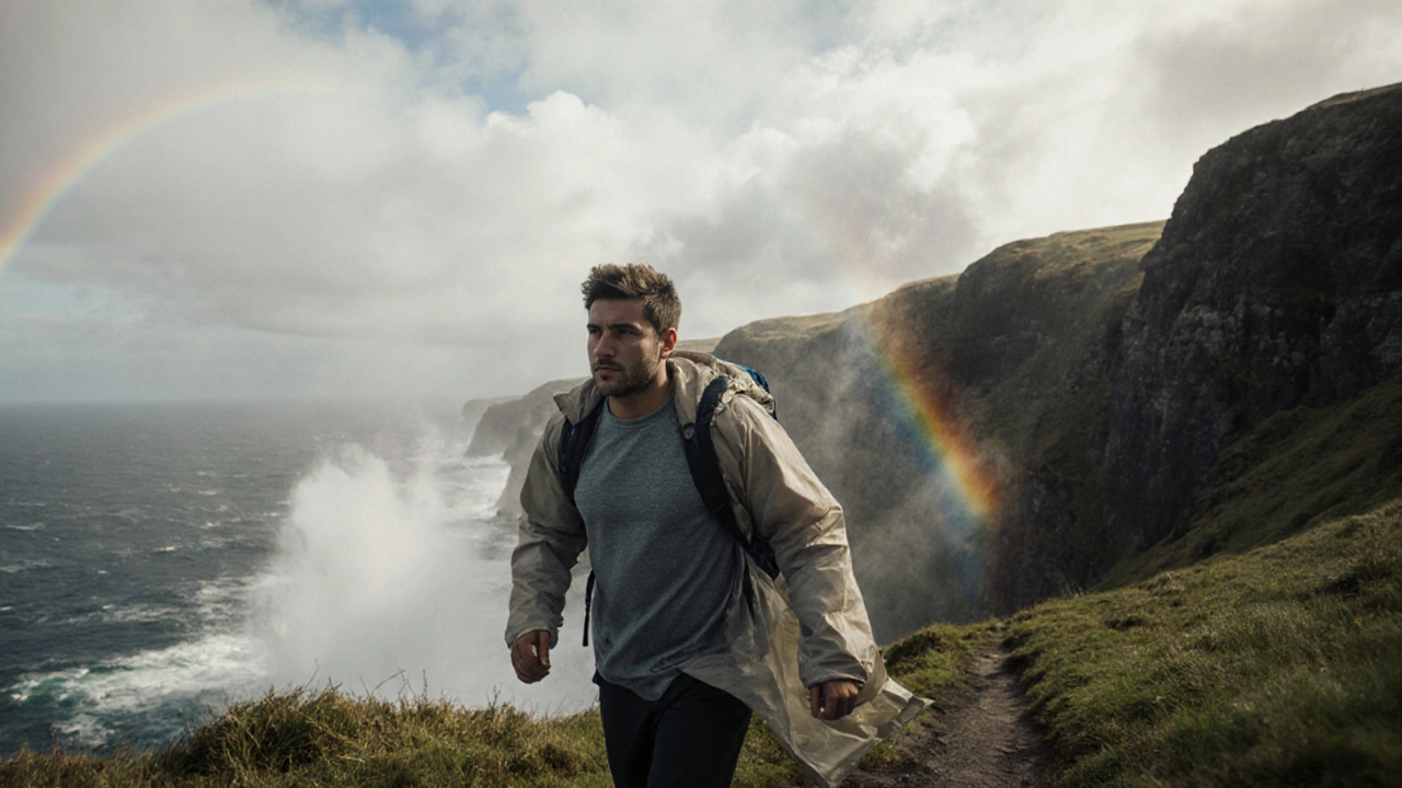Hiker on Cliffs of Moher wearing layered clothing in breezy weather.