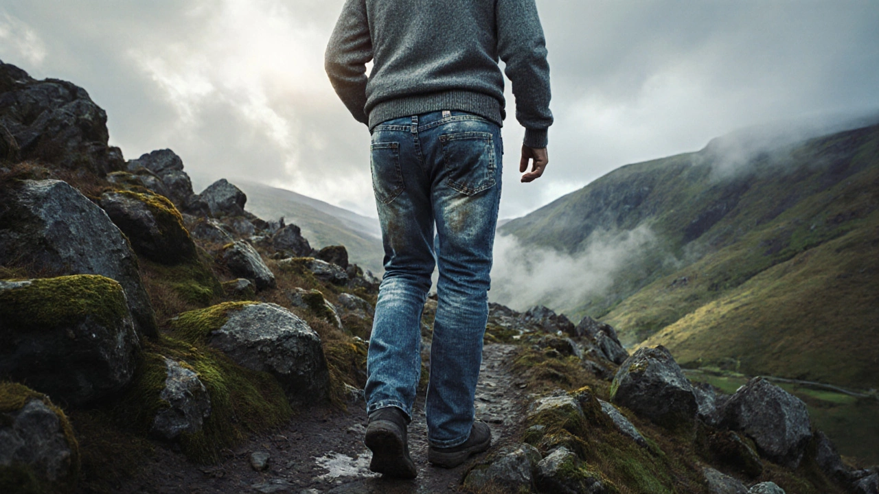 Hiker on Wicklow Way wearing softened, distressed denim amidst misty hills.