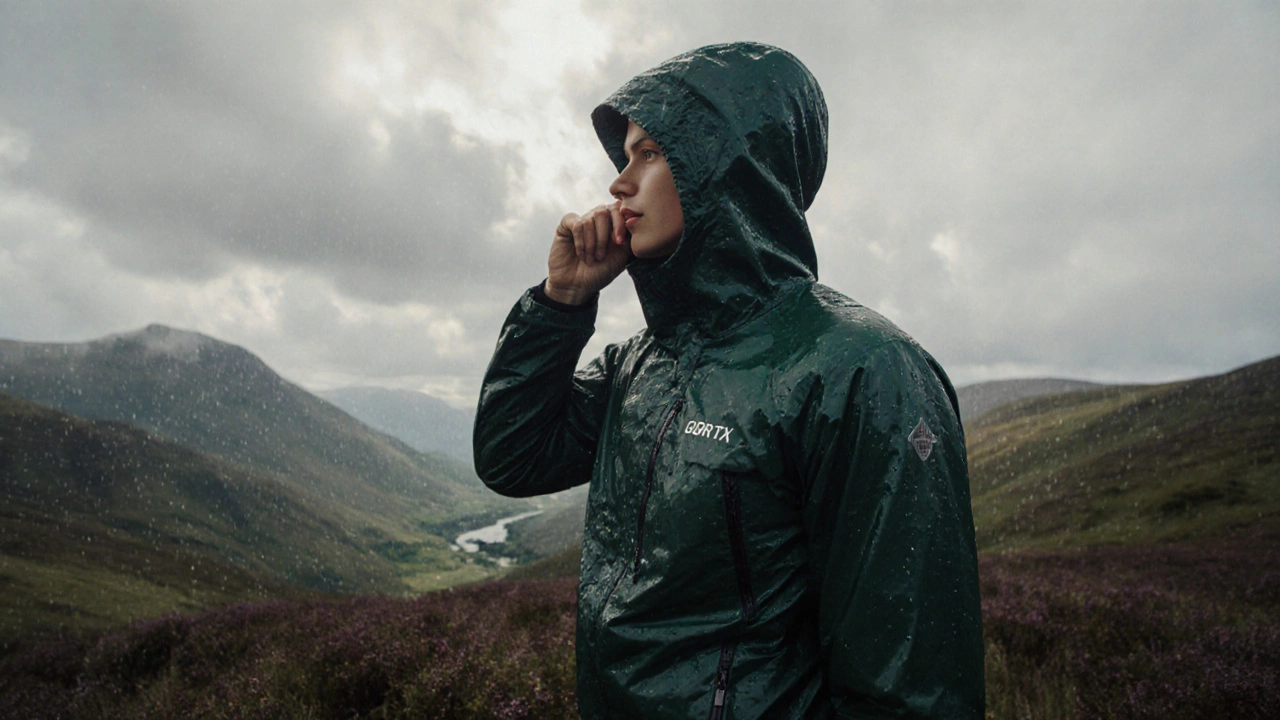 Hiker wearing a Born Nordic Jacket on a rainy Wicklow Mountains landscape.