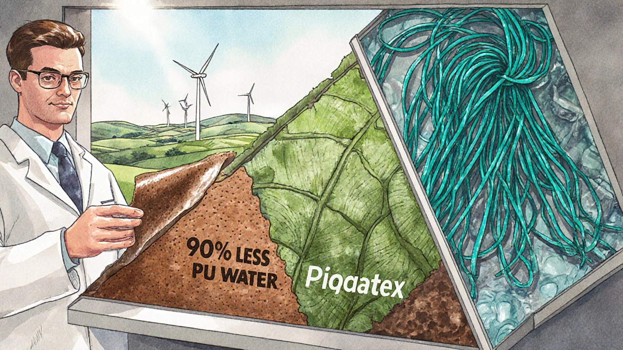 Illustration of engineered PU leather, pineapple‑leaf leather, and recycled polyester samples.