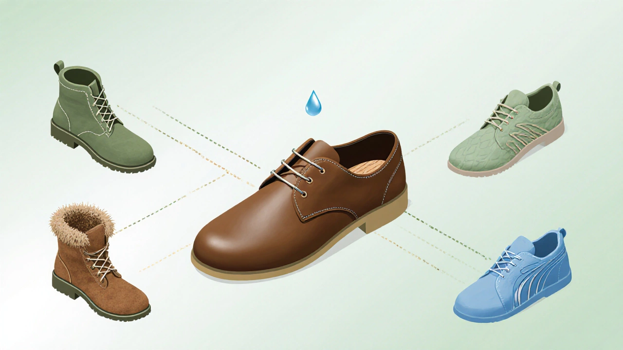 Isometric flat illustration comparing leather shoe icon with canvas, suede, and synthetic icons.