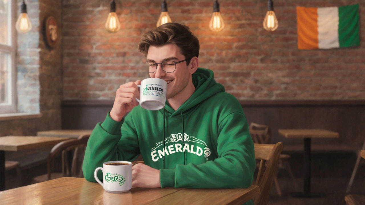 Man in a BOC Emerald Hoodie enjoying coffee in a cozy Cork café.