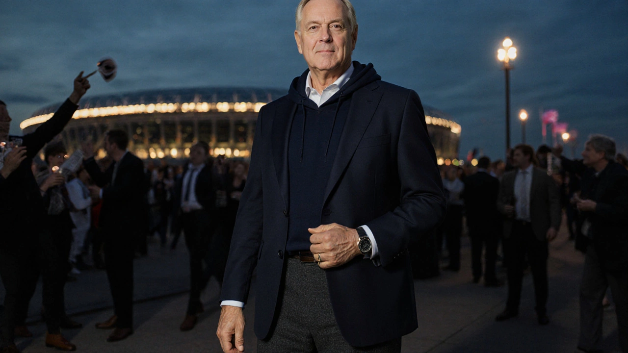 Man in a navy blazer over a dark hoodie stands at an evening event near Aviva Stadium.