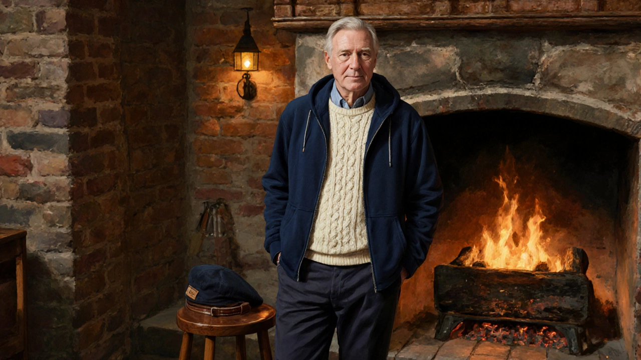 Man wearing a navy technical hoodie over an Aran sweater stands by a pub fireplace.