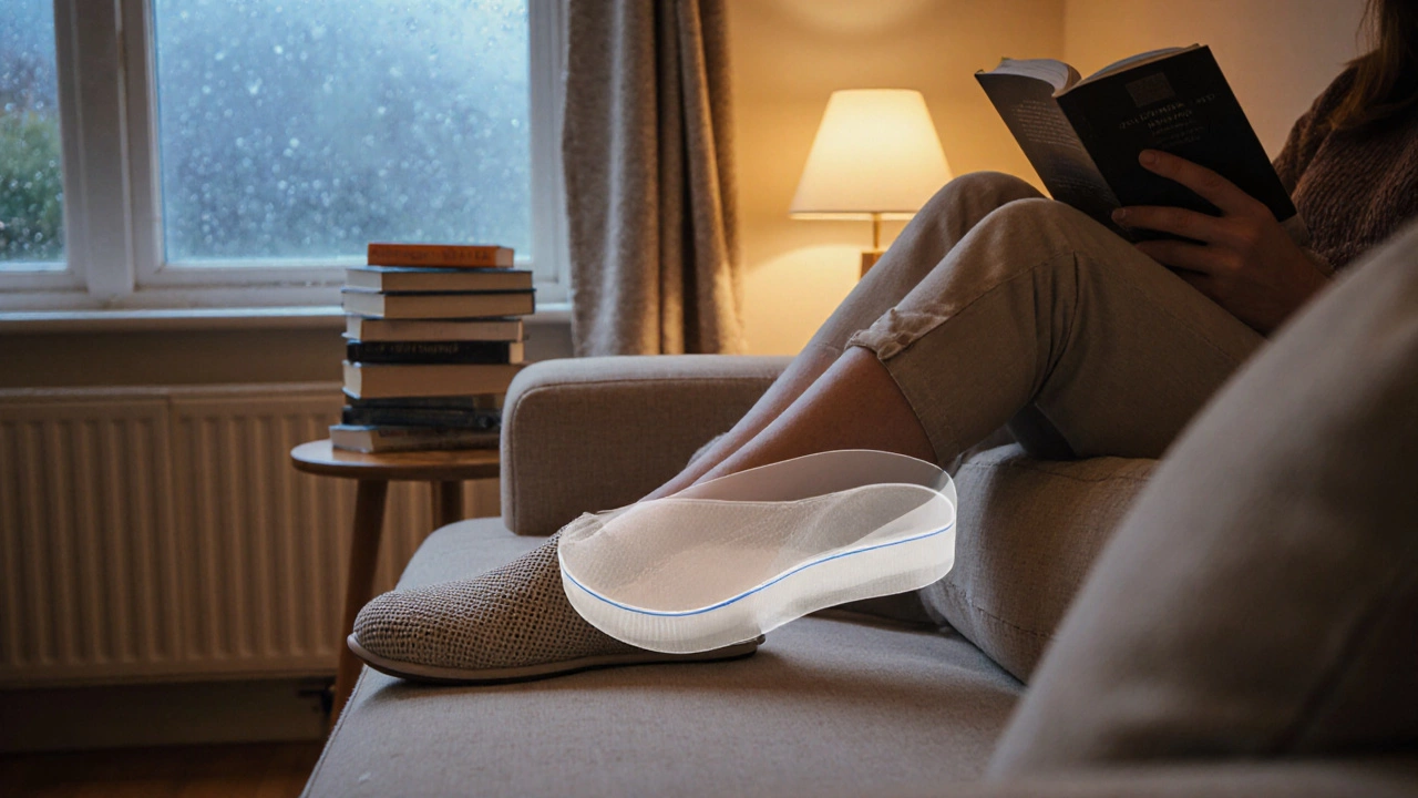 Person reading on a sofa wearing Finn Comfort slippers, highlighted for arch support.
