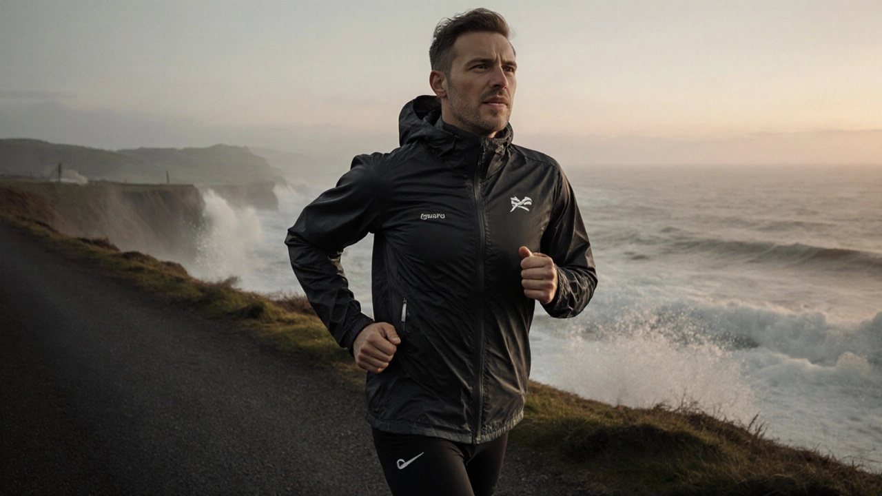 Runner in technical gear on a misty Irish coastal path at dawn.