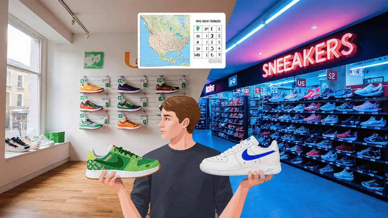 Split‑screen of Irish trainers and US sneakers with a traveler comparing sizes.