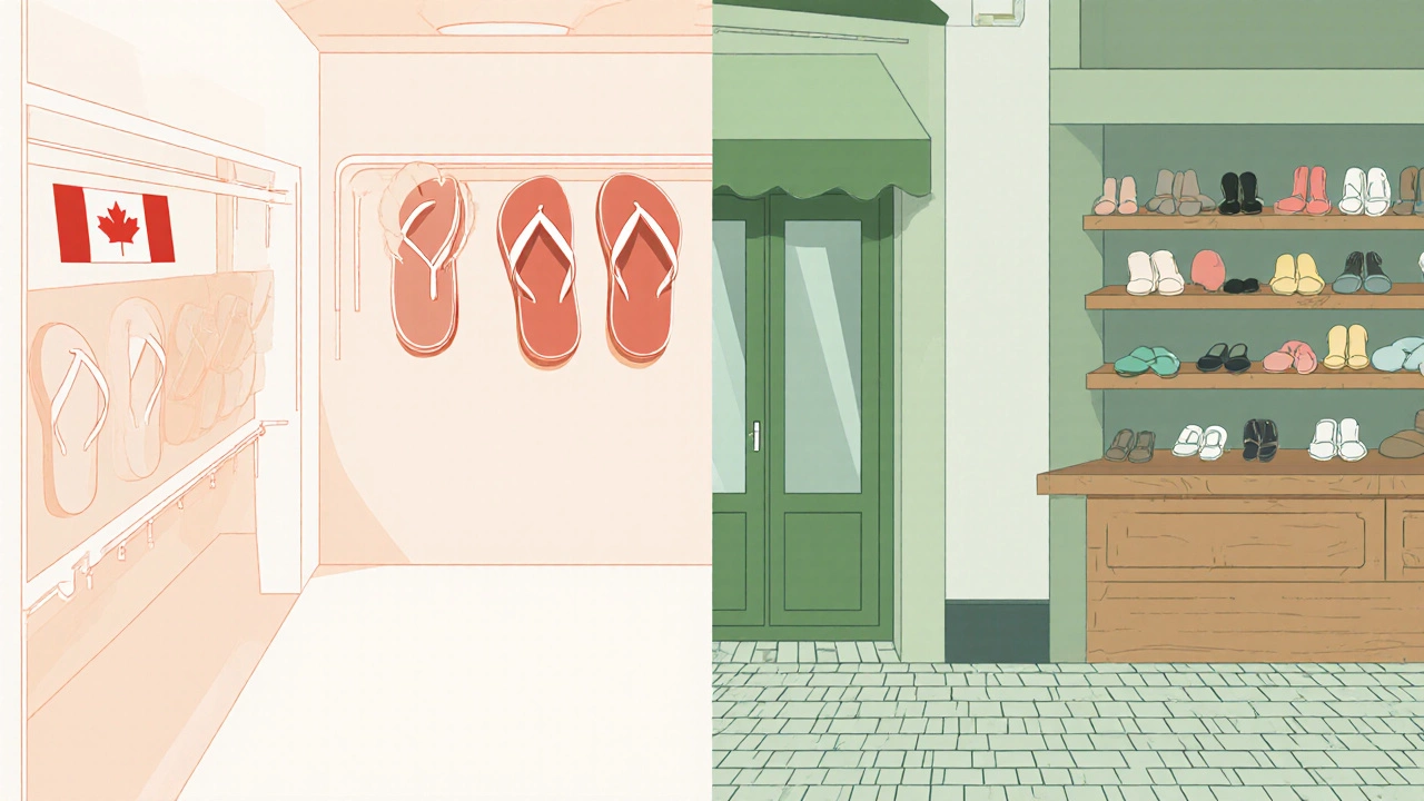 Split view of Canadian and Irish shoe displays comparing thongs and flip‑flops.