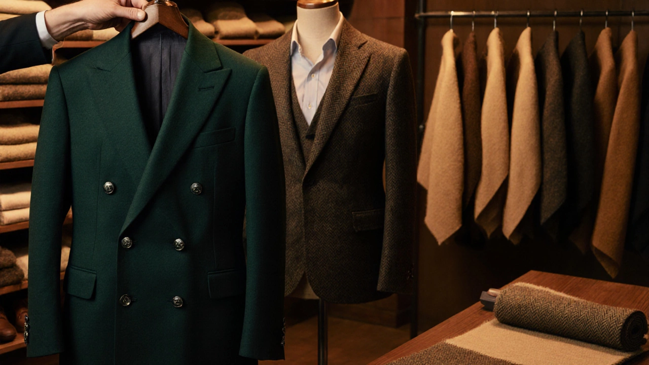 Tailor's shop interior showcasing emerald double‑breasted jacket and camel three‑piece suit fabrics.