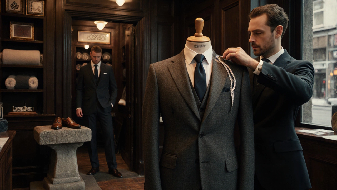 Tailor measuring a client in an Irish shop, grey suit on mannequin with Irish accessories.