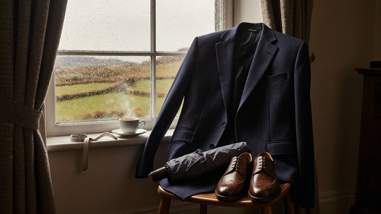 Tailored suit jacket and brown brogues beside an umbrella and tea cup by a rainy Irish window.
