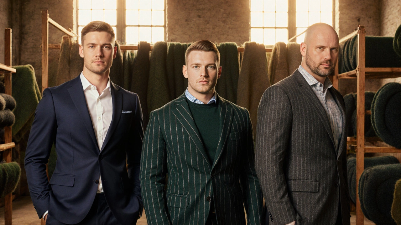 Three Irish men in differently tailored suits surrounded by local tweed fabrics in a wool mill.