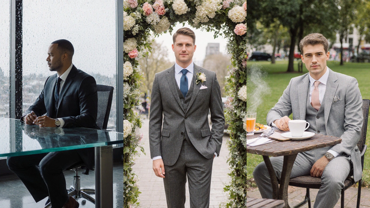Three men in charcoal, medium, and light grey suits at business, wedding, and brunch settings.