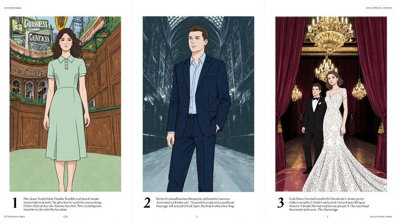 Three panels showing casual, cocktail, and formal outfits in Irish venues.