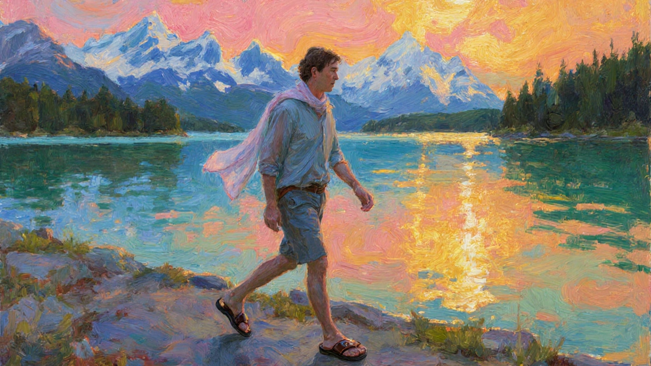 Traveler on Canadian lakeshore wearing slide thongs at sunset.