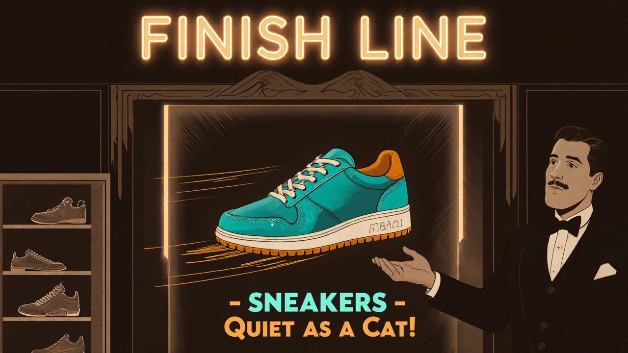 Vintage‑style 1917 advertisement of a quiet sneaker in a New York shoe store.