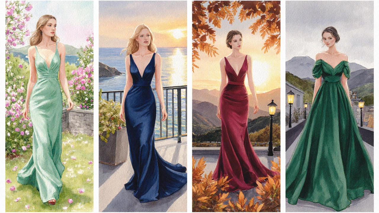 Watercolor showing seasonal outfits: spring emerald, summer navy, autumn burgundy, winter emerald dresses.