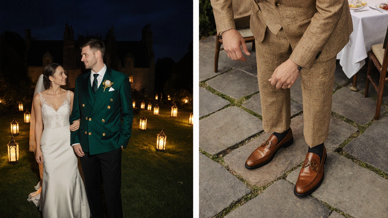 Wedding garden scene with gentleman in emerald double‑breasted jacket and another in camel tweed three‑piece suit.