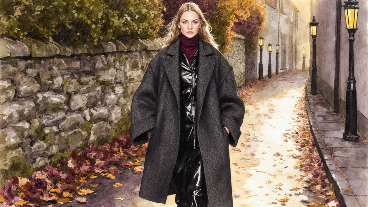 Woman wearing a black leather jacket under a charcoal wool coat on an autumn Galway lane.