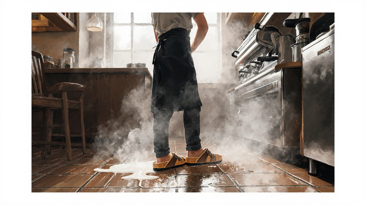 A barista in a Belfast bakery standing on wet tiles, wearing Birkenstock Boston clogs with steam rising around them.