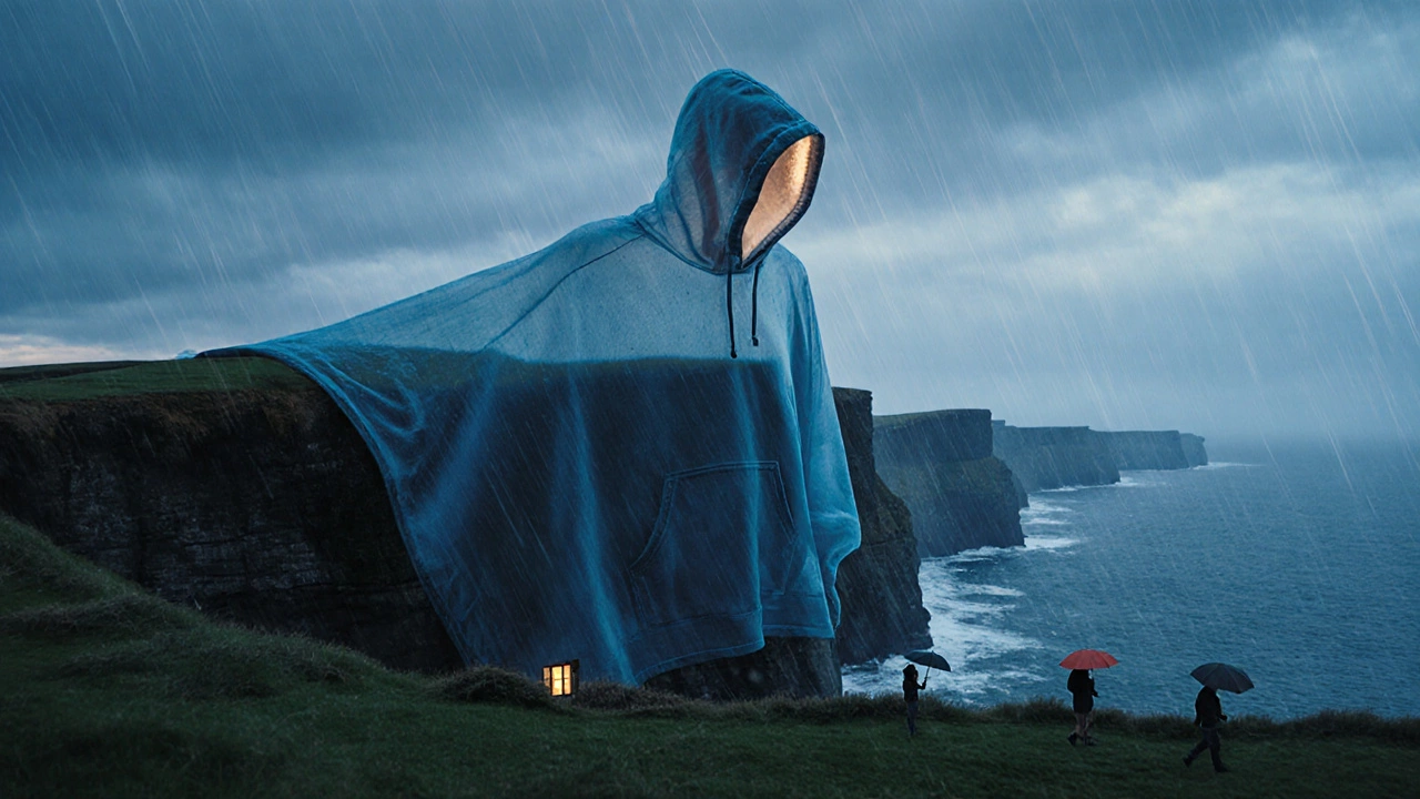A giant hoodie draped over the Cliffs of Moher, blending weather and clothing in a surreal Irish landscape.