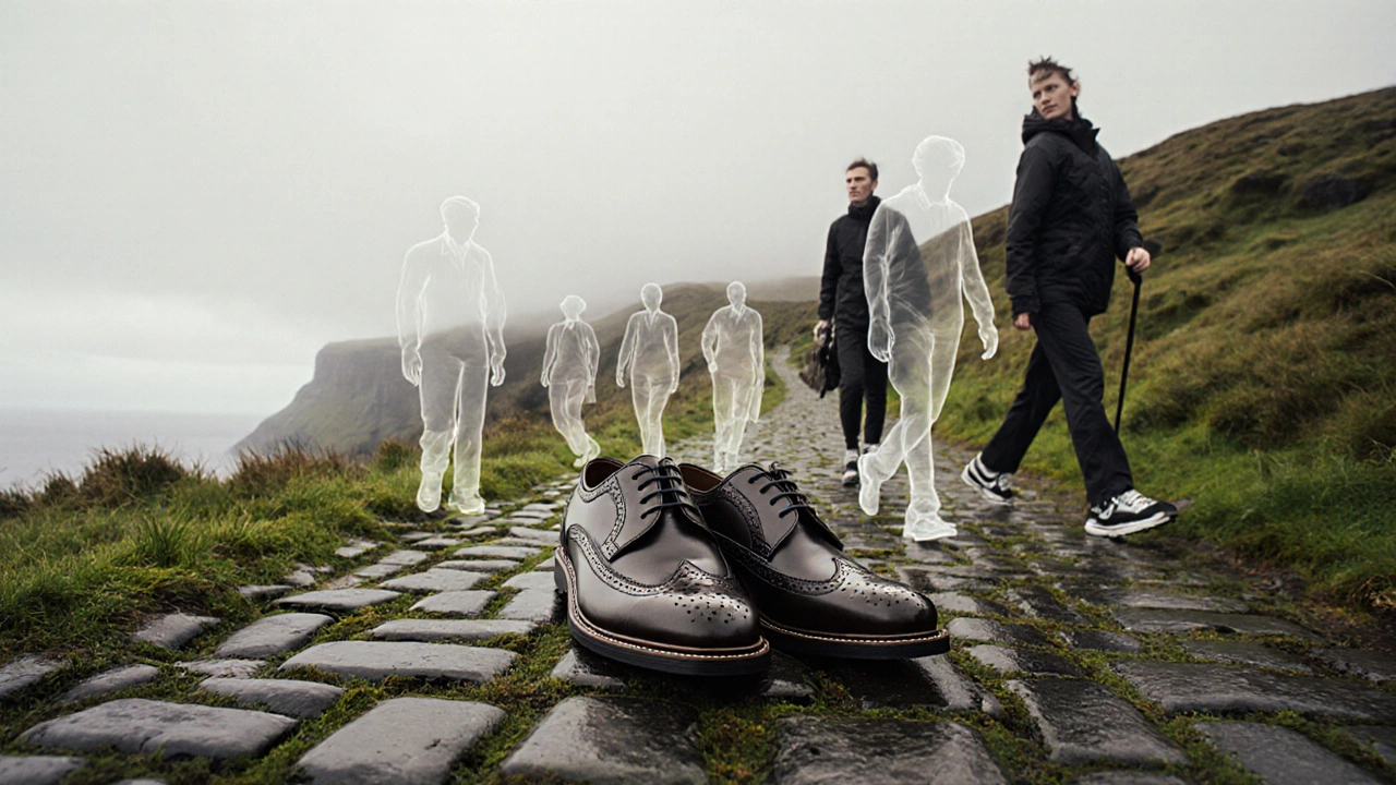 A pair of classic Irish brogues standing on a path to the Cliffs of Moher, with ghostly ancestors walking beside them.