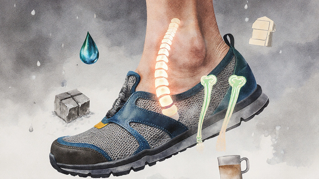 A stylized foot in a Rockport shoe surrounded by symbols of Irish work life—rain, cobblestones, and coffee.