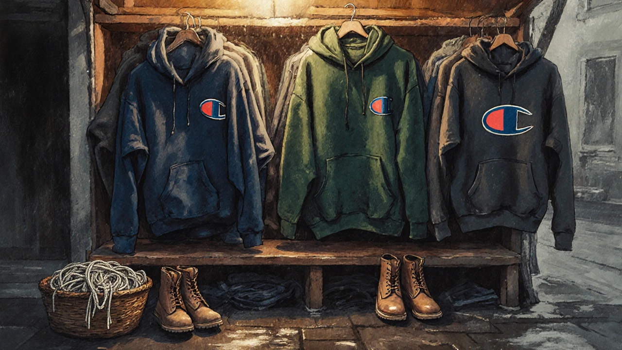 A vintage thrift stall in Galway filled with oversized hoodies and worn boots in misty light.