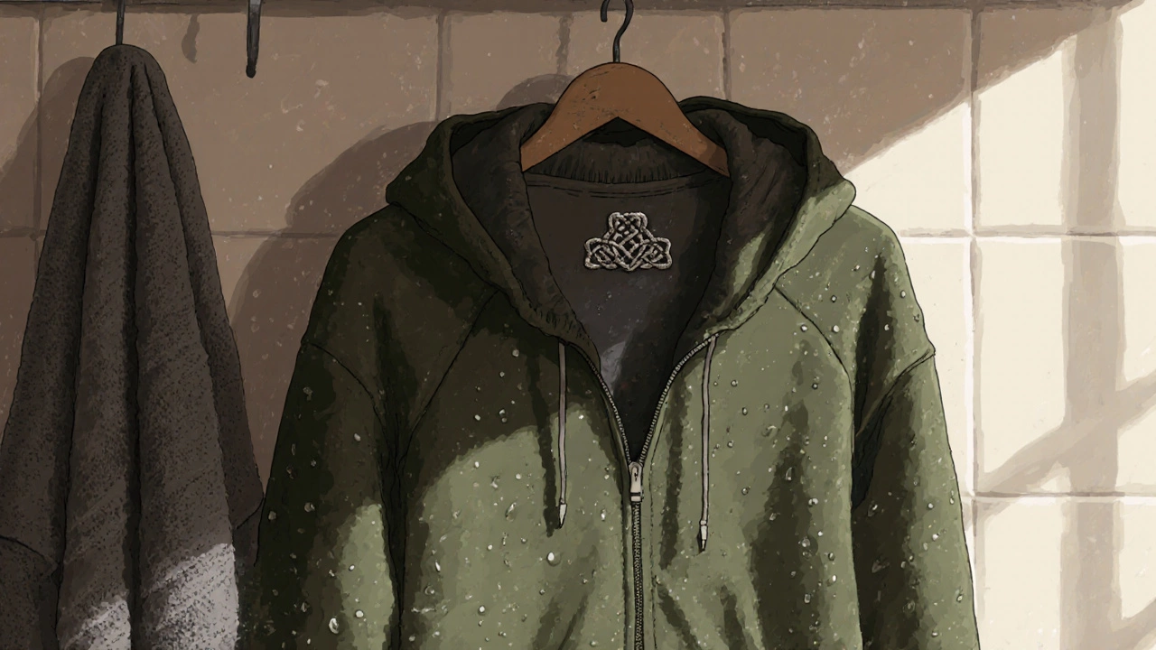 An Irish-made zip-up hoodie with Celtic embroidery hanging in a damp laundry room.