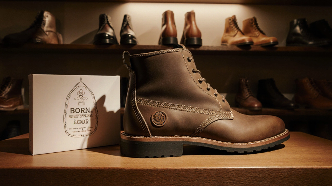 Authentic Born boots displayed in a Dublin shoe store with care kit and embossed heel tag.