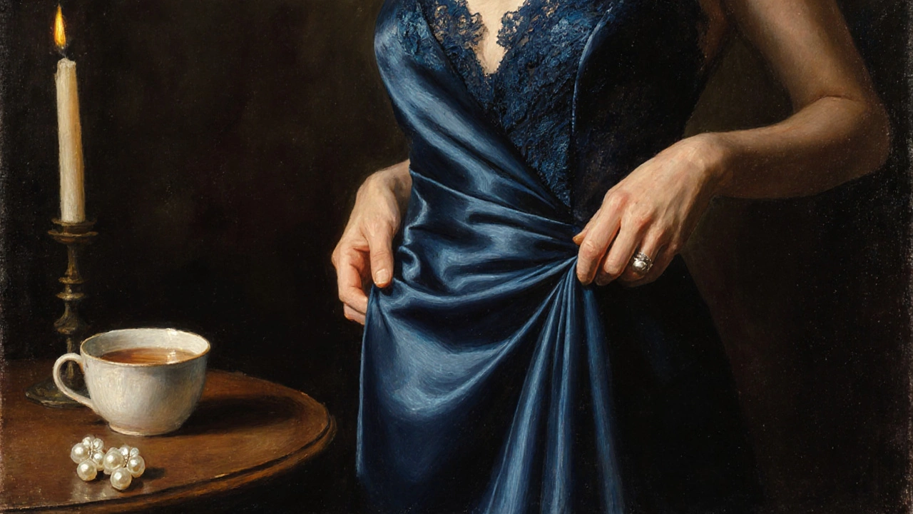 Close-up of hands adjusting a bias-cut silk gown with lace details and pearl studs on a wooden table.