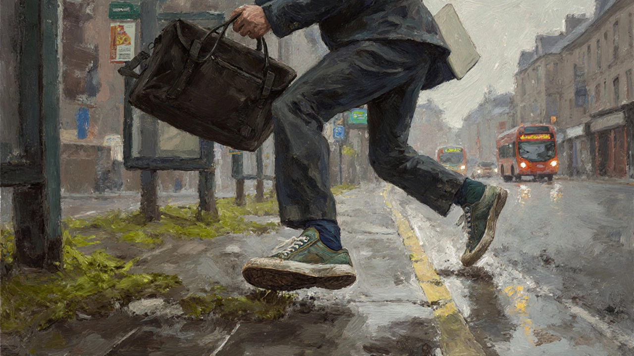 Commuter slipping on mossy sidewalk in Dublin, wearing thin sneakers, mid-fall with laptop bag swinging.