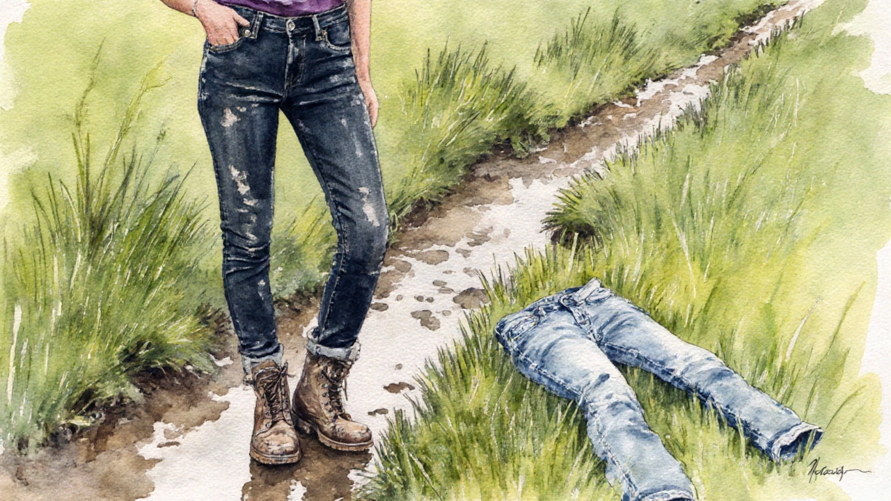 Dark stretch jeans beside muddy boots on a trail, with discarded light-wash jeans in the grass nearby.